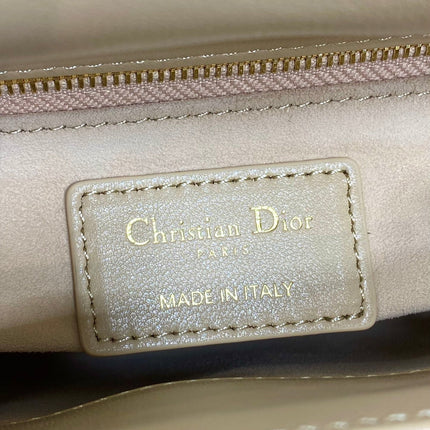 DIOR 25S MINI LADY DIOR BAG 17 IN BISCUIT CALFSKIN CHARM CRYSTAL EMBELLISHMENTS