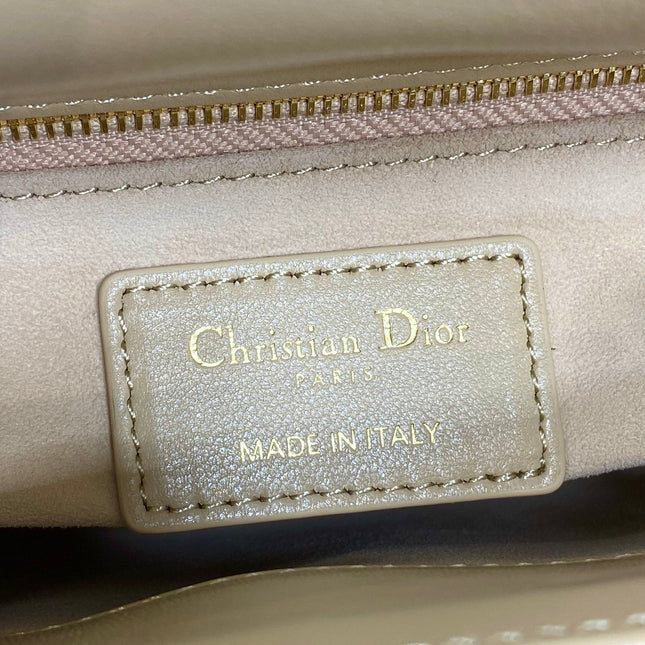 DIOR 25S MINI LADY DIOR BAG 17 IN BISCUIT CALFSKIN CHARM CRYSTAL EMBELLISHMENTS