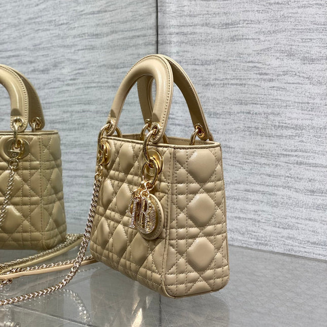DIOR 25S MINI LADY DIOR BAG 17 IN BISCUIT CALFSKIN CHARM CRYSTAL EMBELLISHMENTS
