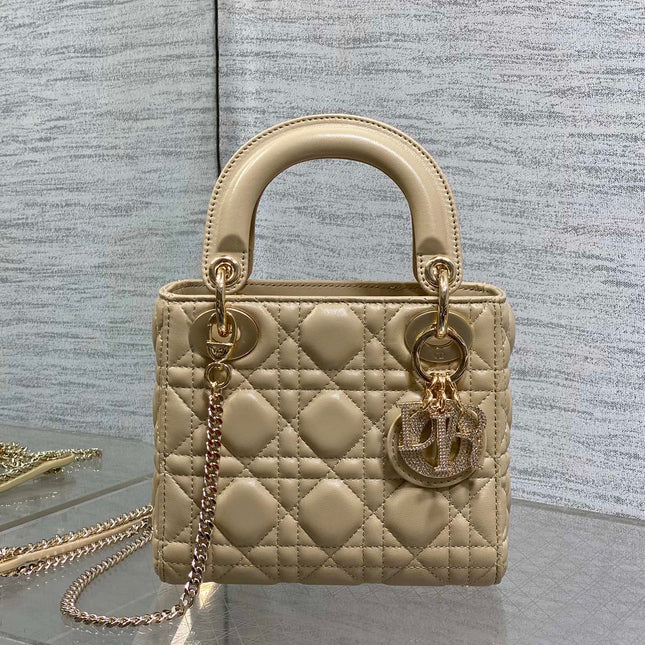 DIOR 25S MINI LADY DIOR BAG 17 IN BISCUIT CALFSKIN CHARM CRYSTAL EMBELLISHMENTS