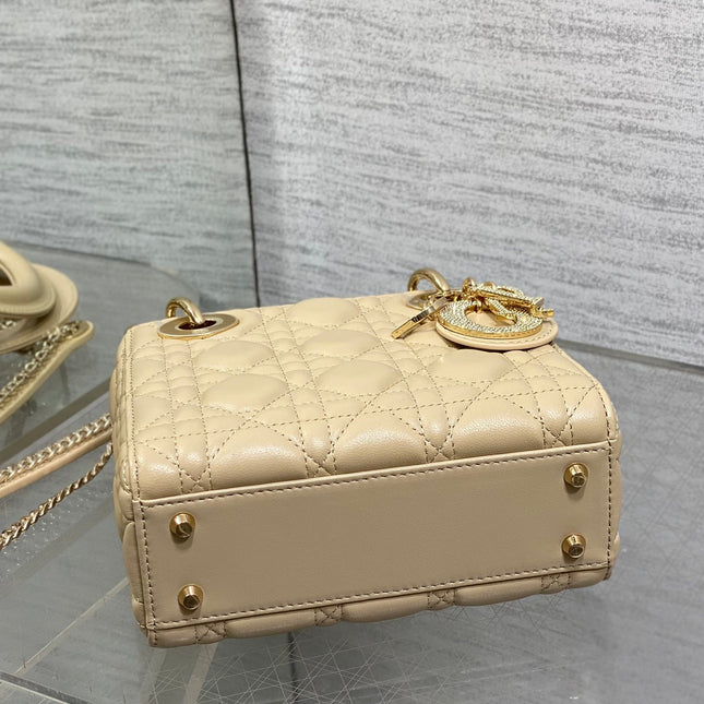 DIOR 25S MINI LADY DIOR BAG 17 IN BISCUIT CALFSKIN CHARM CRYSTAL EMBELLISHMENTS