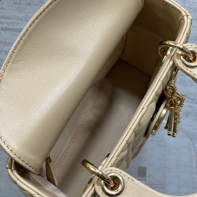 DIOR 25S MINI LADY DIOR BAG 17 IN BISCUIT CALFSKIN CHARM CRYSTAL EMBELLISHMENTS