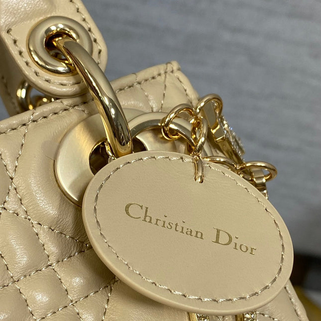 DIOR 25S MINI LADY DIOR BAG 17 IN BISCUIT CALFSKIN CHARM CRYSTAL EMBELLISHMENTS