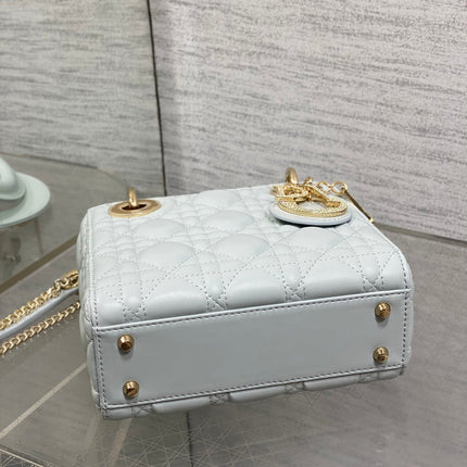 DIOR 25S MINI LADY DIOR BAG 17 IN LIGHT BLUE CALFSKIN CHARM CRYSTAL EMBELLISHMENTS