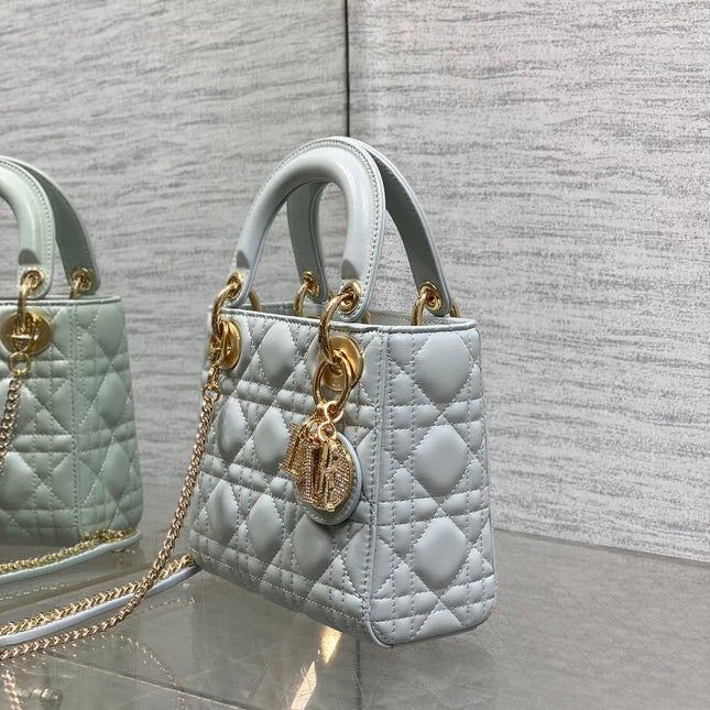 DIOR 25S MINI LADY DIOR BAG 17 IN LIGHT BLUE CALFSKIN CHARM CRYSTAL EMBELLISHMENTS