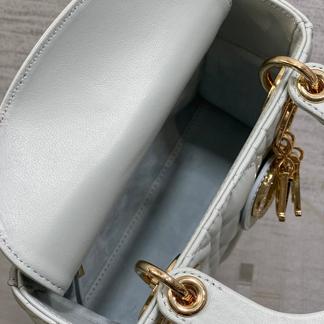 DIOR 25S MINI LADY DIOR BAG 17 IN LIGHT BLUE CALFSKIN CHARM CRYSTAL EMBELLISHMENTS
