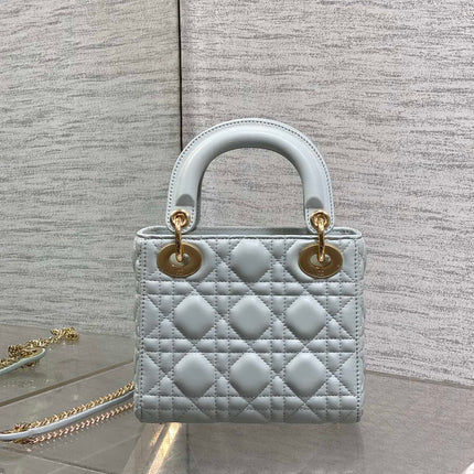 DIOR 25S MINI LADY DIOR BAG 17 IN LIGHT BLUE CALFSKIN CHARM CRYSTAL EMBELLISHMENTS