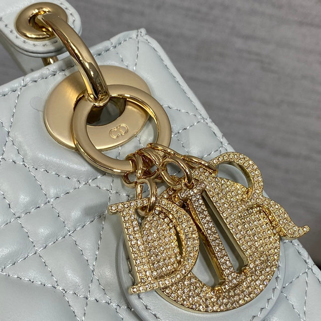 DIOR 25S MINI LADY DIOR BAG 17 IN LIGHT BLUE CALFSKIN CHARM CRYSTAL EMBELLISHMENTS