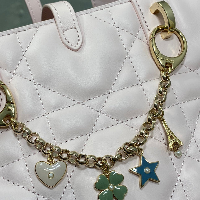 DIOR 25S TOUJOURS VERTICAL TOTE BAG 18 IN LIGHT PINK CALFSKIN WITH CHARM BRACELET STRAP