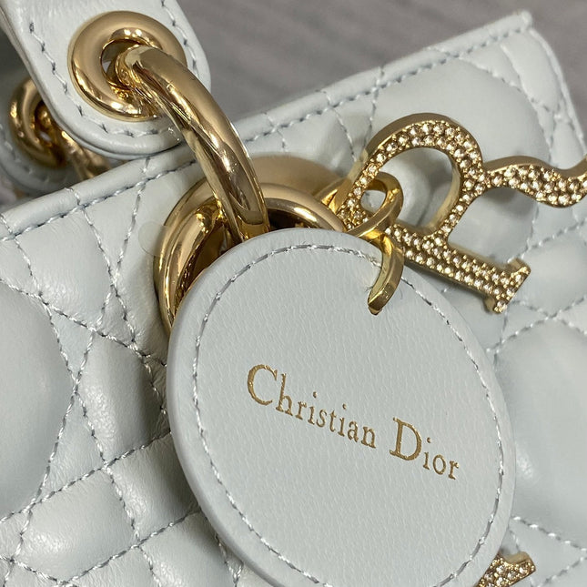 DIOR 25S SMALL LADY D‑JOY BAG 22 IN SHIRT BLUE CALFSKIN GOLD HARDWARE