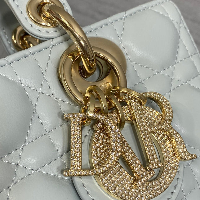 DIOR 25S SMALL LADY D‑JOY BAG 22 IN SHIRT BLUE CALFSKIN GOLD HARDWARE