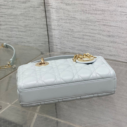 DIOR 25S SMALL LADY D‑JOY BAG 22 IN SHIRT BLUE CALFSKIN GOLD HARDWARE
