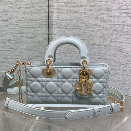 DIOR 25S SMALL LADY D‑JOY BAG 22 IN SHIRT BLUE CALFSKIN GOLD HARDWARE