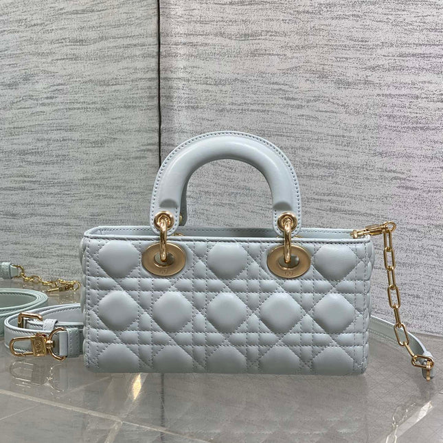 DIOR 25S SMALL LADY D‑JOY BAG 22 IN SHIRT BLUE CALFSKIN GOLD HARDWARE