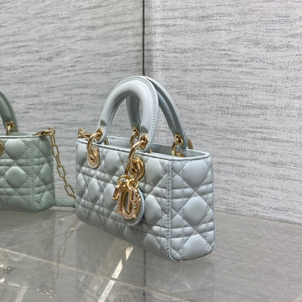 DIOR 25S SMALL LADY D‑JOY BAG 22 IN SHIRT BLUE CALFSKIN GOLD HARDWARE