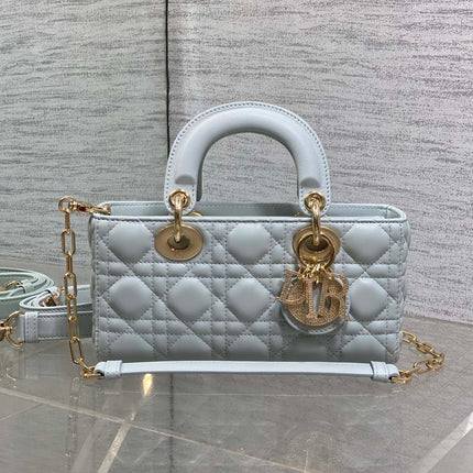 DIOR 25S SMALL LADY D‑JOY BAG 22 IN SHIRT BLUE CALFSKIN GOLD HARDWARE