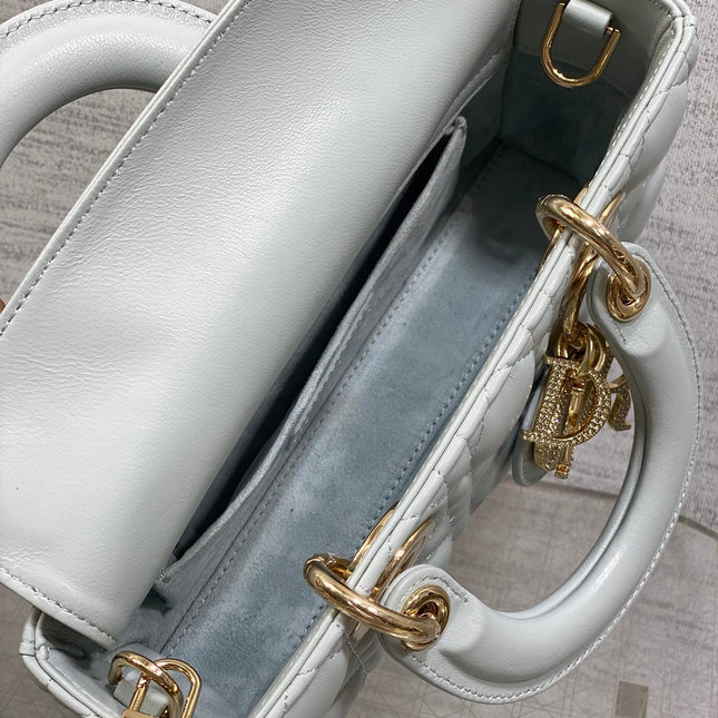 DIOR 25S SMALL LADY D‑JOY BAG 22 IN SHIRT BLUE CALFSKIN GOLD HARDWARE