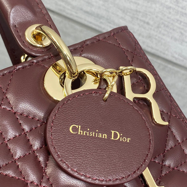 DIOR 25S MEDIUM LADY BAG 24 IN BURGUNDY CALFSKIN GOLD HARDWARE