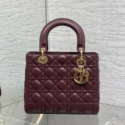 DIOR 25S MEDIUM LADY BAG 24 IN BURGUNDY CALFSKIN GOLD HARDWARE
