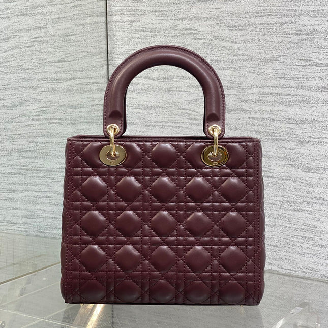 DIOR 25S MEDIUM LADY BAG 24 IN BURGUNDY CALFSKIN GOLD HARDWARE