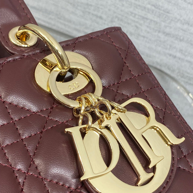 DIOR 25S MEDIUM LADY BAG 24 IN BURGUNDY CALFSKIN GOLD HARDWARE
