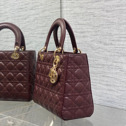 DIOR 25S MEDIUM LADY BAG 24 IN BURGUNDY CALFSKIN GOLD HARDWARE