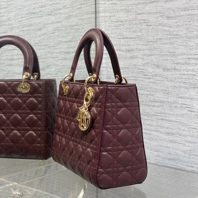 DIOR 25S MEDIUM LADY BAG 24 IN BURGUNDY CALFSKIN GOLD HARDWARE