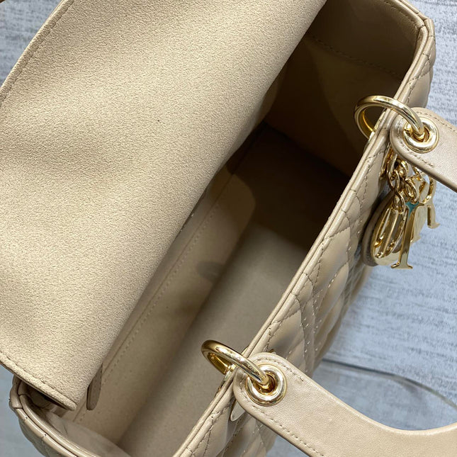 DIOR 25S MEDIUM LADY BAG 24 IN POWDER BEIGE CALFSKIN GOLD HARDWARE