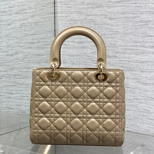 DIOR 25S MEDIUM LADY BAG 24 IN POWDER BEIGE CALFSKIN GOLD HARDWARE