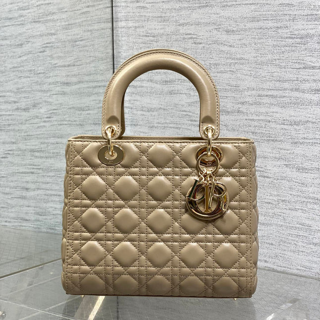 DIOR 25S MEDIUM LADY BAG 24 IN POWDER BEIGE CALFSKIN GOLD HARDWARE