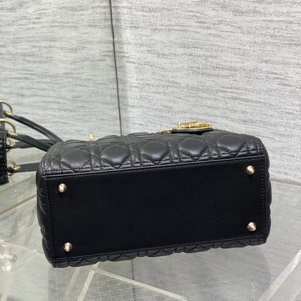 DIOR 25S MEDIUM LADY BAG 24 IN BLACK CALFSKIN GOLD HARDWARE