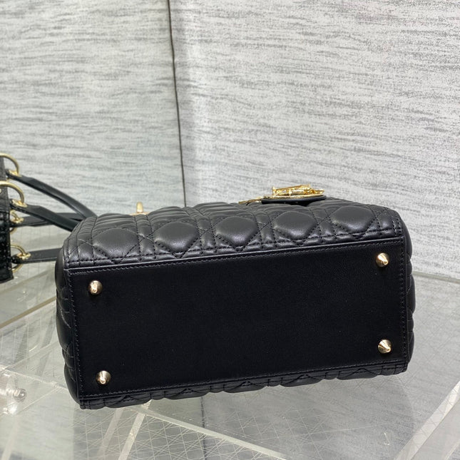 DIOR 25S MEDIUM LADY BAG 24 IN BLACK CALFSKIN GOLD HARDWARE