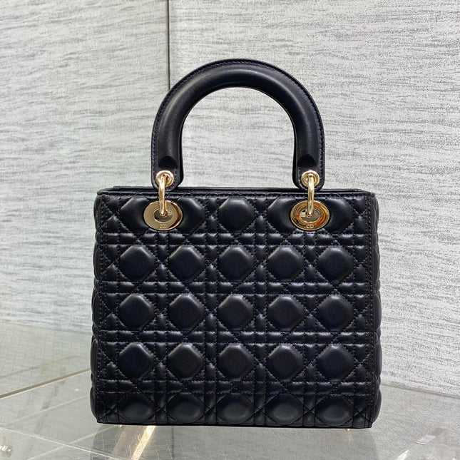 DIOR 25S MEDIUM LADY BAG 24 IN BLACK CALFSKIN GOLD HARDWARE