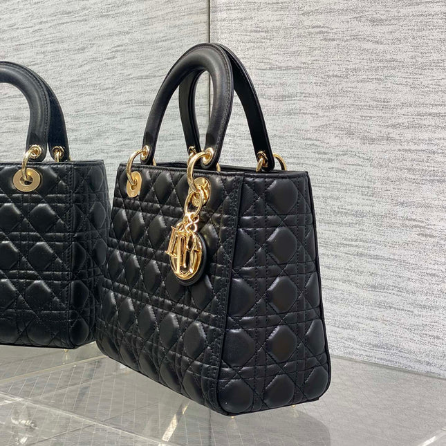 DIOR 25S MEDIUM LADY BAG 24 IN BLACK CALFSKIN GOLD HARDWARE