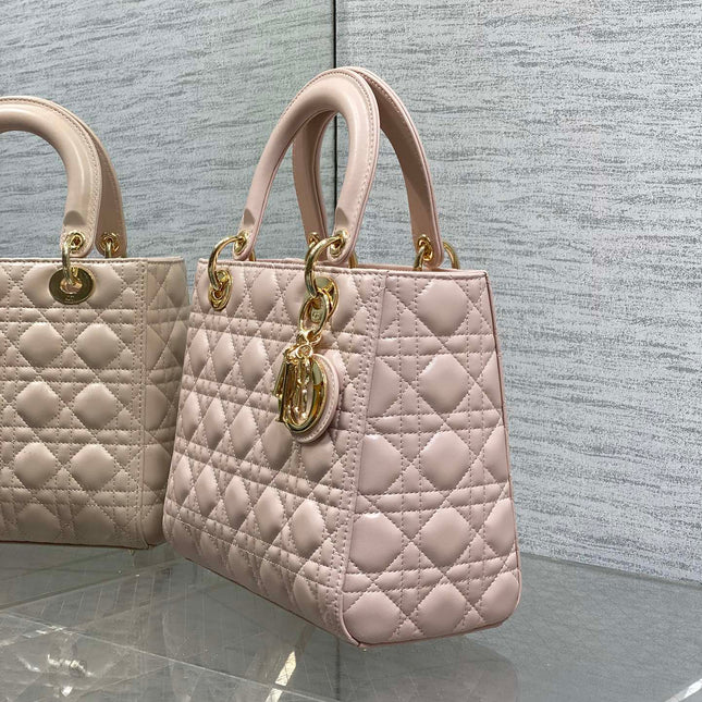 DIOR 25S MEDIUM LADY BAG 24 IN PINK CALFSKIN GOLD HARDWARE