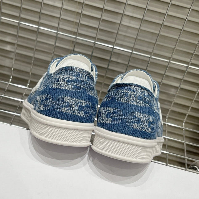 JANE SNEAKERS LOW LACE-UP WITH TRIOMPHE PATCH IN CANVAS AND CALFSKIN DETAIL DENIM/ WHITE LOGO