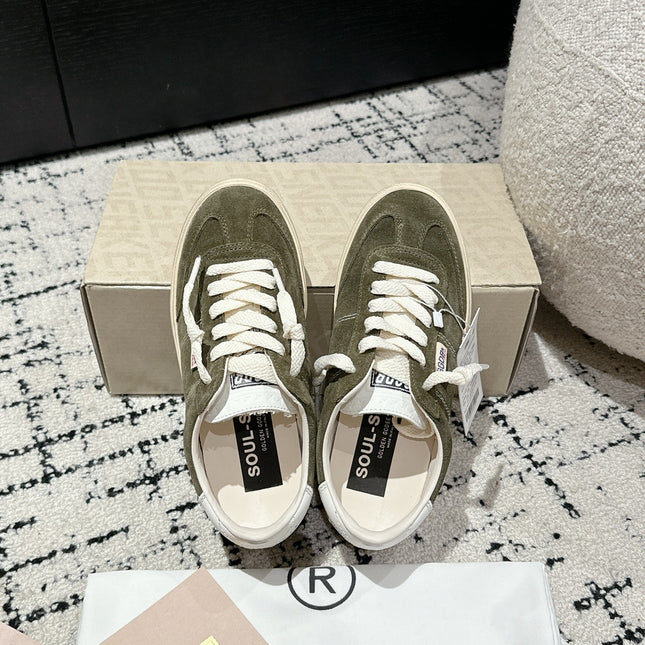 SOUL STAR SNEAKERS IN KELP GREEN SUEDE WHITE HEEL TAB