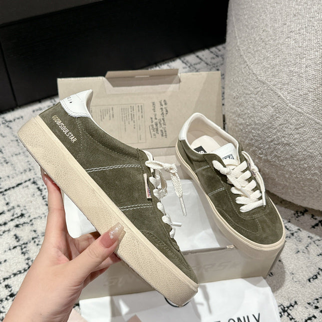 SOUL STAR SNEAKERS IN KELP GREEN SUEDE WHITE HEEL TAB