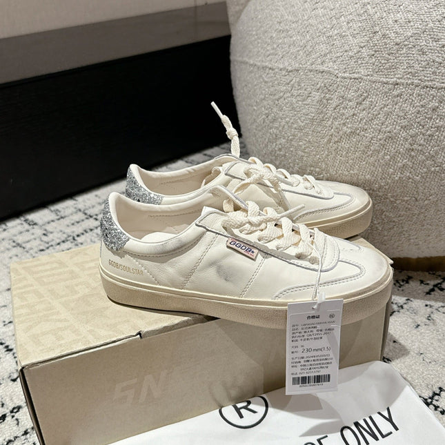 SOUL STAR SNEAKERS IN WHITE CALFSKIN SILVER GLITTER HEEL TAB