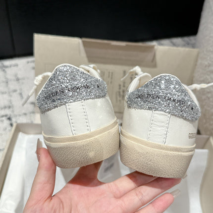 SOUL STAR SNEAKERS IN WHITE CALFSKIN SILVER GLITTER HEEL TAB