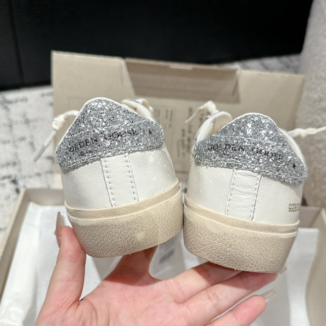 SOUL STAR SNEAKERS IN WHITE CALFSKIN SILVER GLITTER HEEL TAB