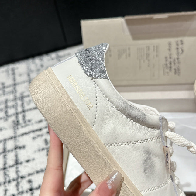 SOUL STAR SNEAKERS IN WHITE CALFSKIN SILVER GLITTER HEEL TAB