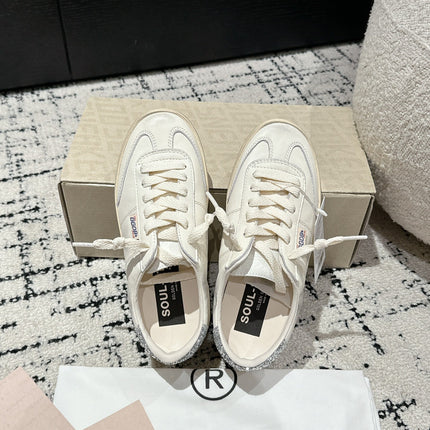 SOUL STAR SNEAKERS IN WHITE CALFSKIN SILVER GLITTER HEEL TAB