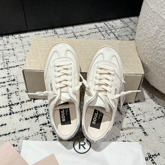 SOUL STAR SNEAKERS IN WHITE CALFSKIN SILVER GLITTER HEEL TAB