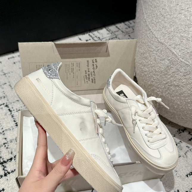 SOUL STAR SNEAKERS IN WHITE CALFSKIN SILVER GLITTER HEEL TAB