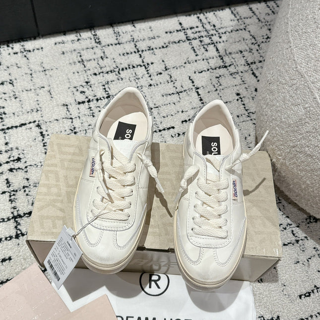 SOUL STAR SNEAKERS IN WHITE CALFSKIN SILVER GLITTER HEEL TAB