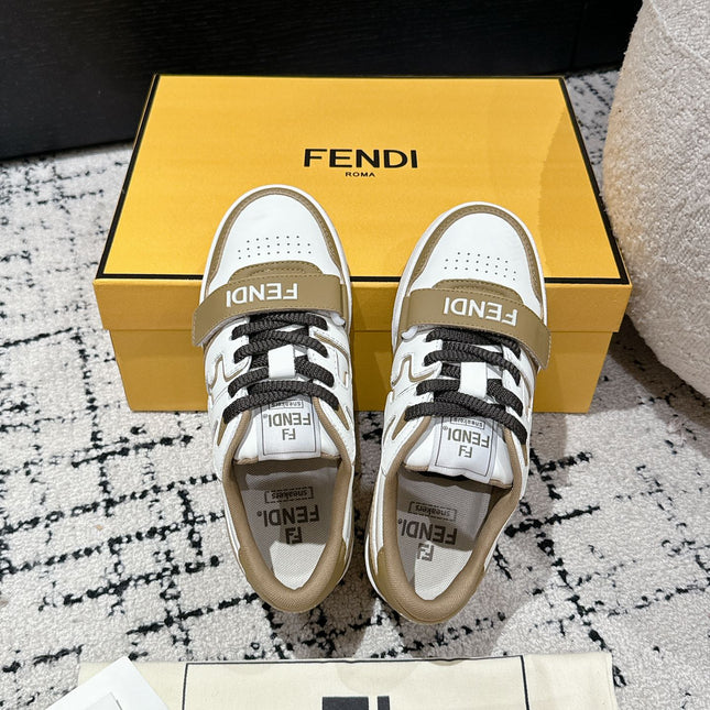 FENDI MATCH LOW-TOPS IN DARK TAN MIX WHITE CALFSKIN