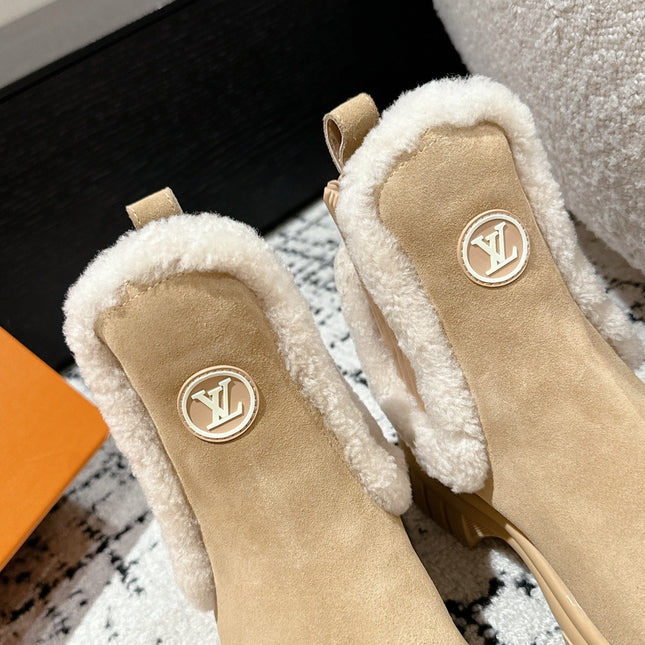 RUBY FLAT ANKLE BOOT IN TORTILLA BROWN SUEDE WITH WHITE SHEARLING