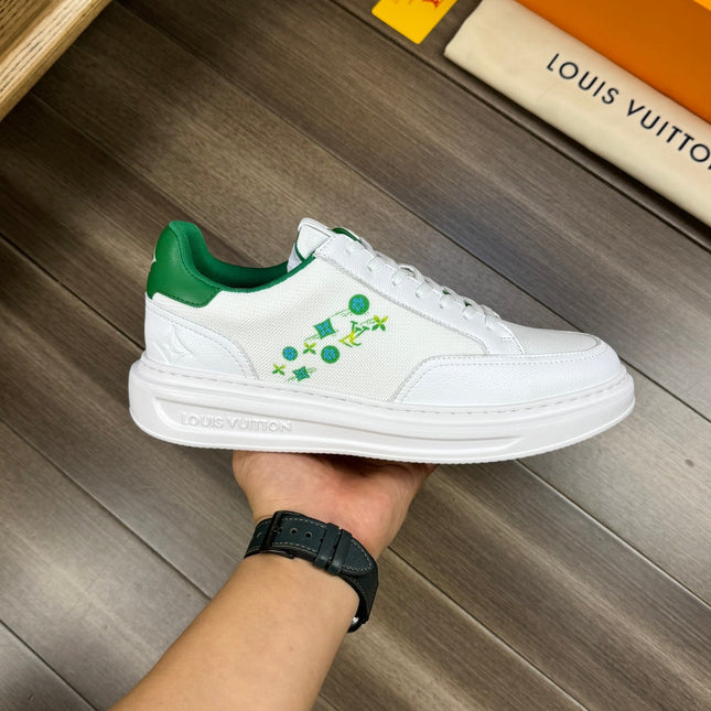 LV TRAINER SNEAKER WHITE MIX GREEN CALFSKIN AND BREATHABLE FABRIC