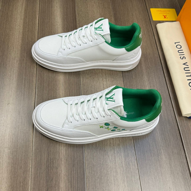 LV TRAINER SNEAKER WHITE MIX GREEN CALFSKIN AND BREATHABLE FABRIC